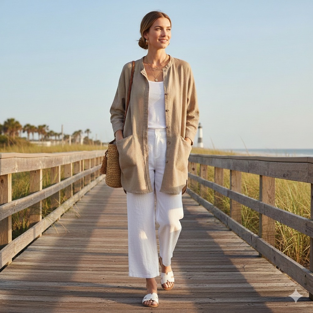 Chicos Linen Cotton Lagenlook Coastal Snap Front Tunic Long Natural Sz 12/14